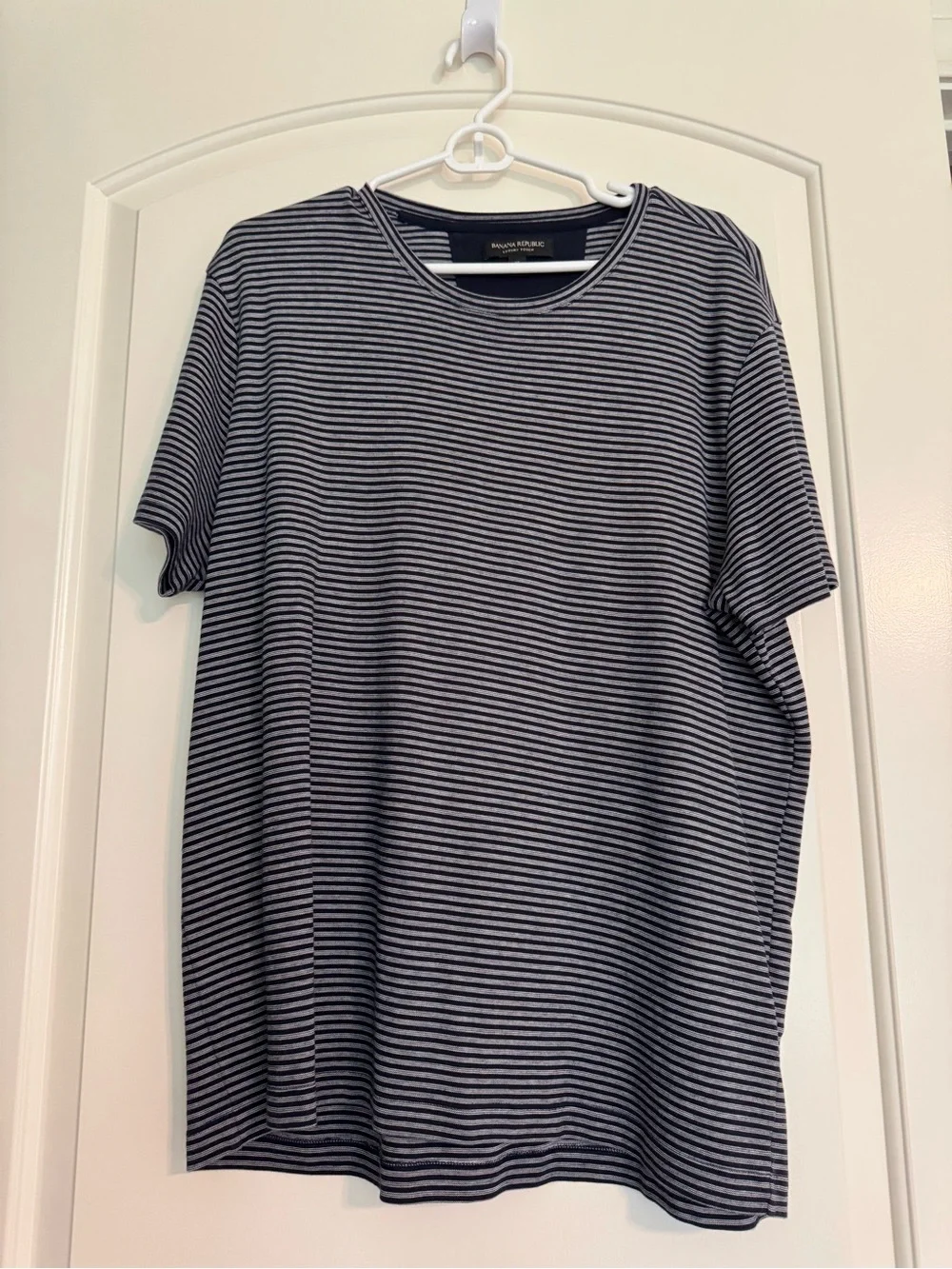Banana Republic Men’s Navy and White Striped Luxury Touch Crew Tee